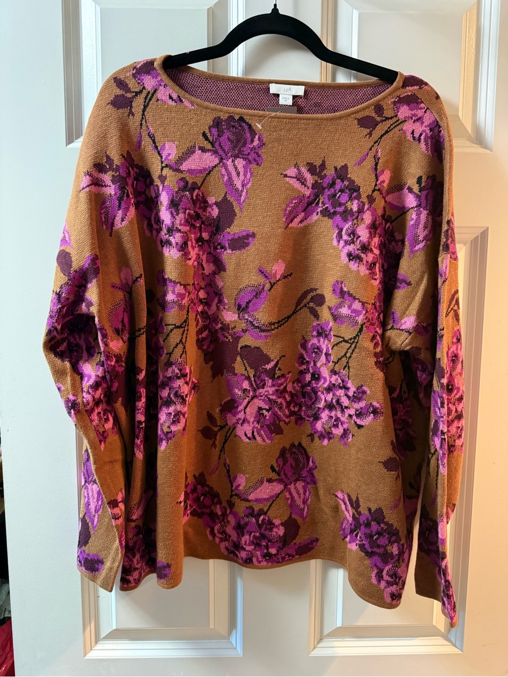 J. Jill Camel Crewneck Sweater with Pink and Purple Floral Jacquard